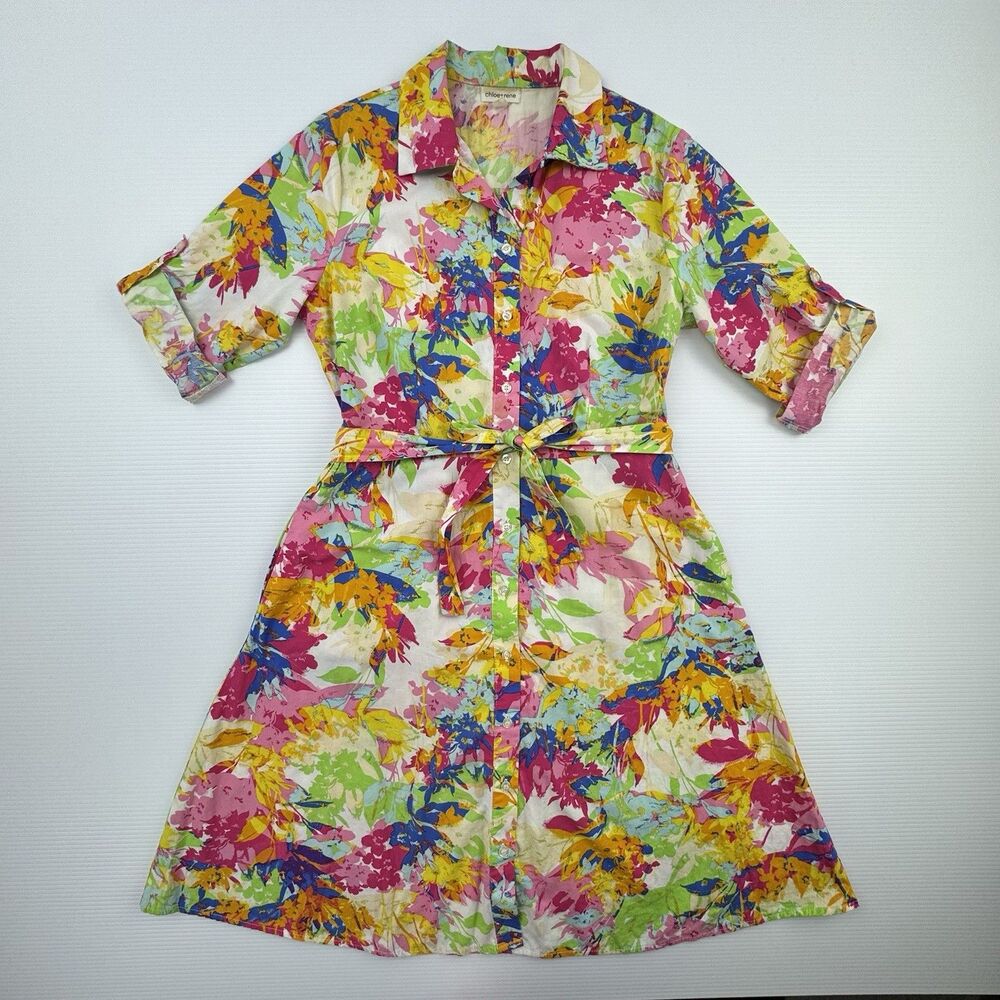 Chloe + Rene Womens Medium Floral Shirt Dress Belted Button Front Cottagecore